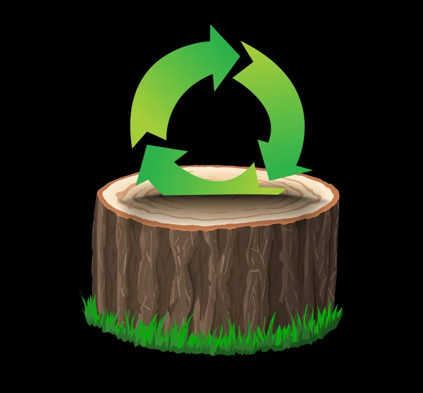 Coupe transversale de la souche d'arbre avec symbole de recyclage — Image vectorielle