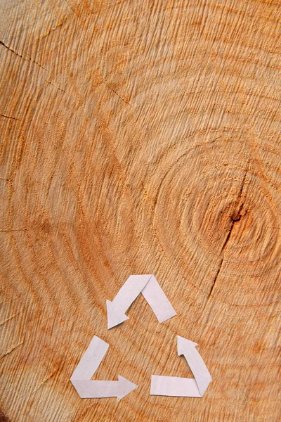 Close-up corte de madeira e reciclar símbolo — Fotografia de Stock