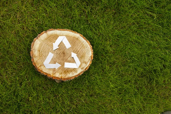 Corte de madeira na grama e reciclar símbolo — Fotografia de Stock