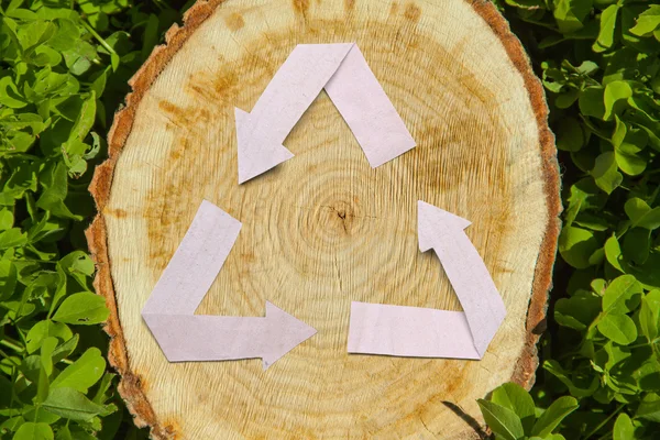 Дерев'яний розріз на траві і символ переробки — стокове фото