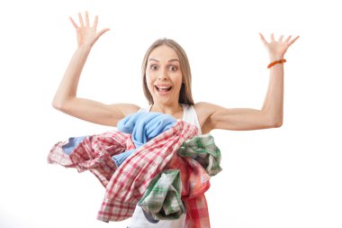 woman throws a pile of clothes, isolated on white clipart