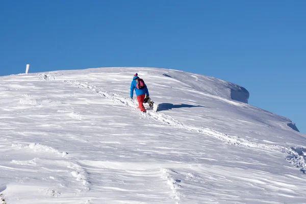 スノーボーダーが雪に覆われた山を登る — ストック写真