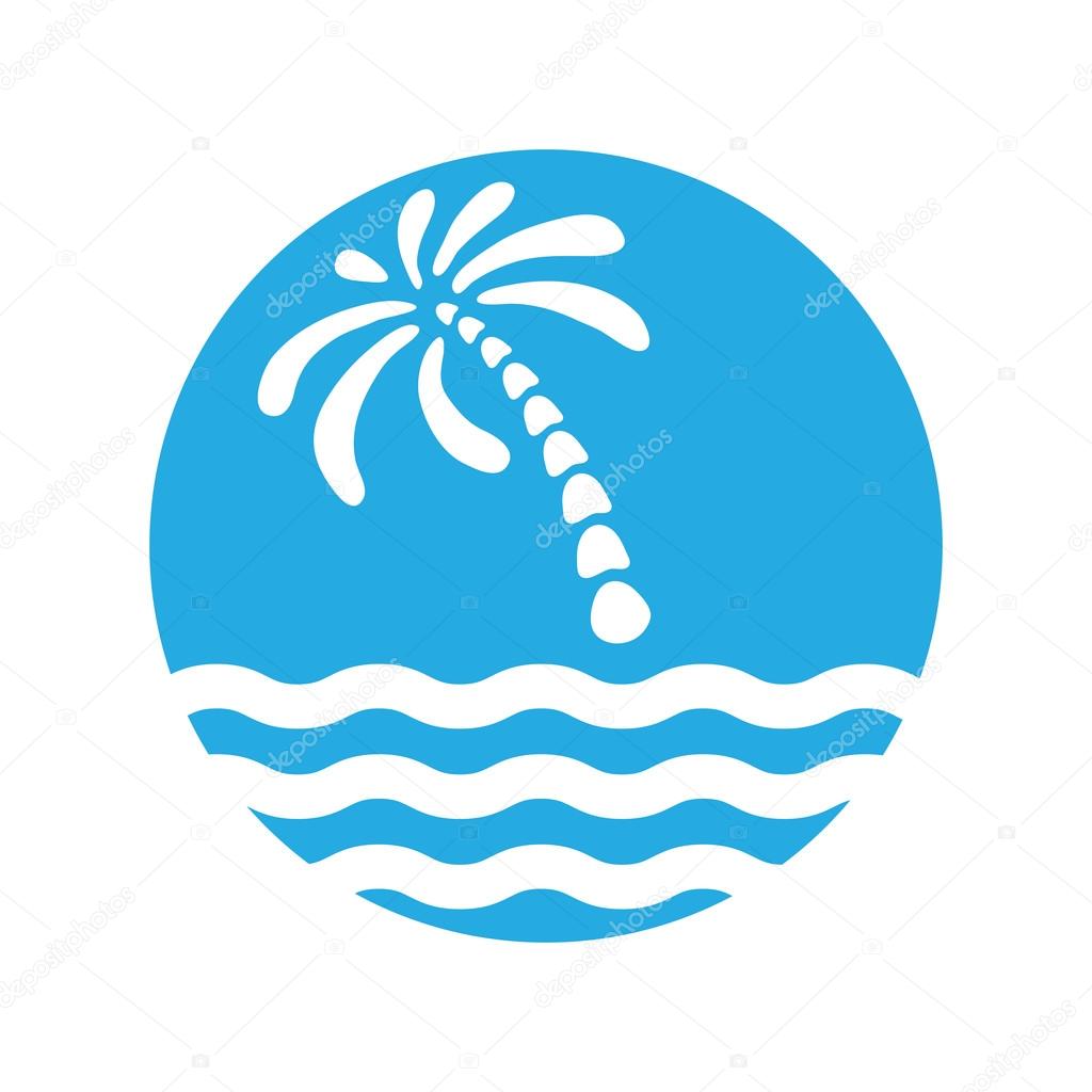 Tropical palm on island with sea. Vector logo.