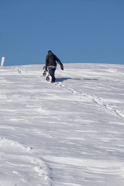 Snowboarder een besneeuwde berg klimmen — Stockfoto
