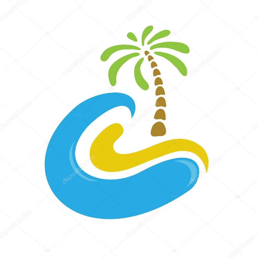 Tropical palm on island with sea. Vector logo