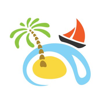 Tropikal Palmiye Adası Deniz ve yelkenli ile. Vektör logosu.