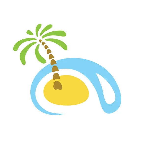 Palmera tropical en isla con mar. logo — Vector de stock