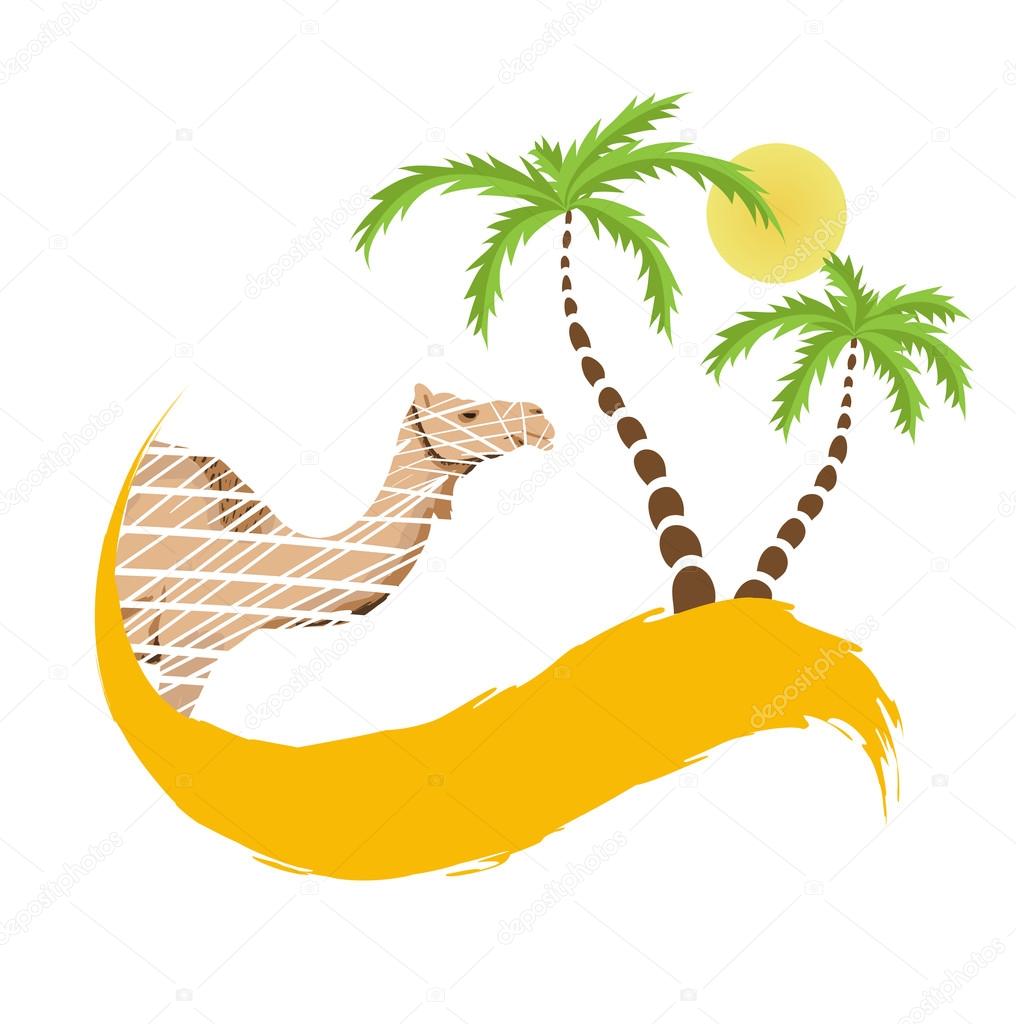 Camel and palm tree in the desert, vector illustration