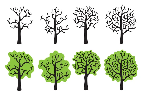 Conjunto de árboles con y sin follaje, ilustración vectorial — Vector de stock