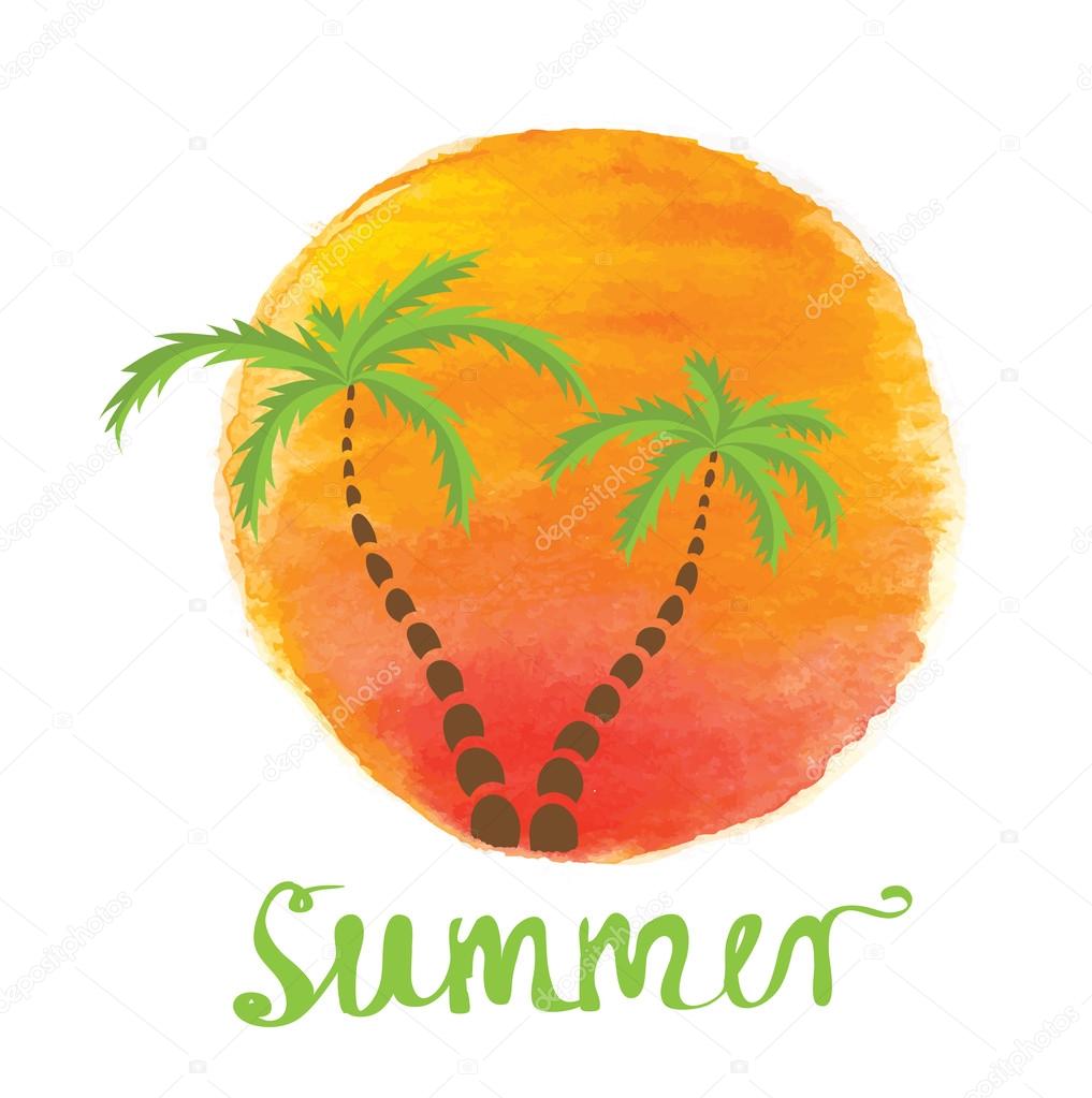 Palm trees against the watercolor sun. Vector logo illustration