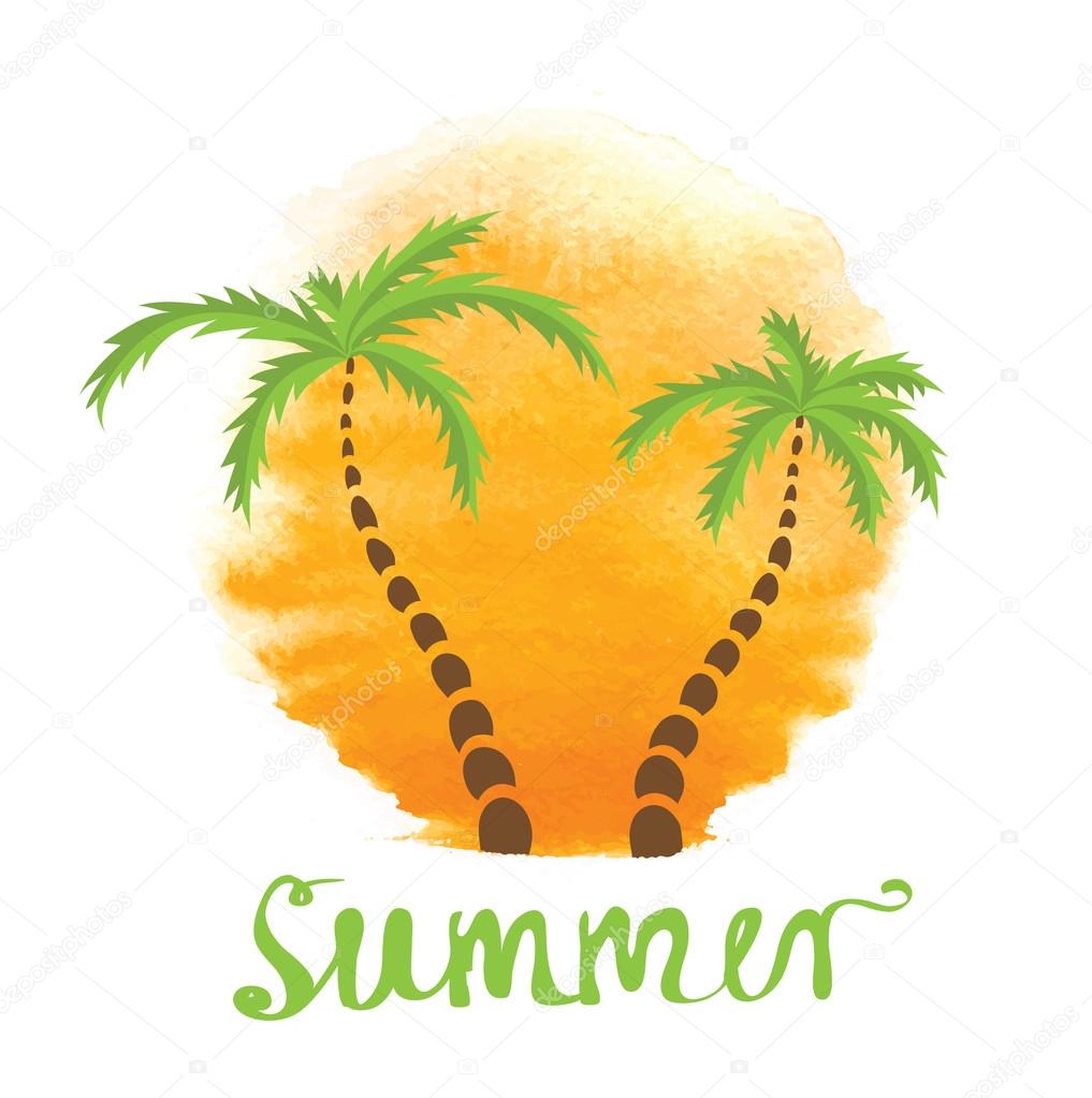 Palm trees against the watercolor sun. Vector logo illustration