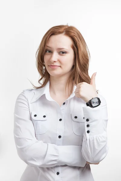 Pulgar hacia arriba. Mujer de negocios sobre fondo blanco. Modelo femenino . — Foto de Stock