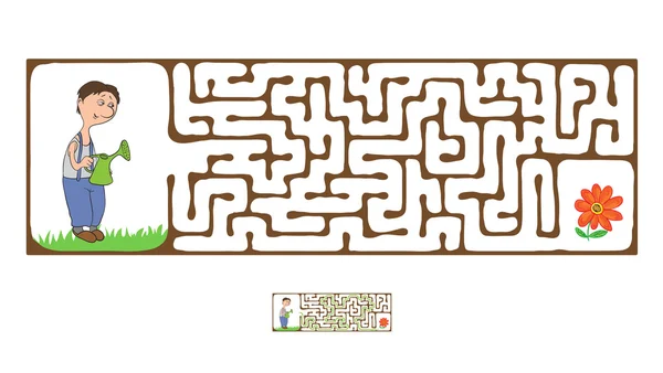 Labyrinthe vectoriel, Labyrinthe avec jardinier et plante . — Image vectorielle