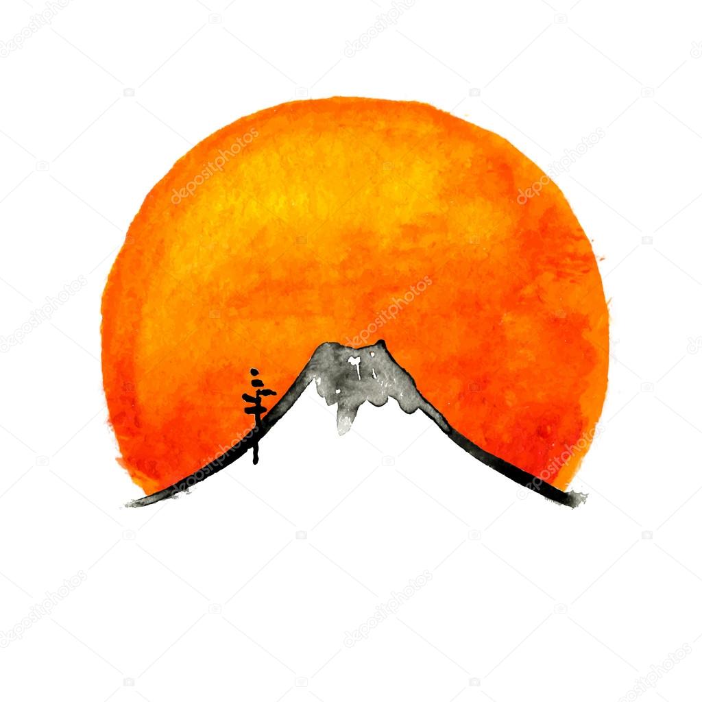 Mountain Fuji, japanese art watercolor vector illustration