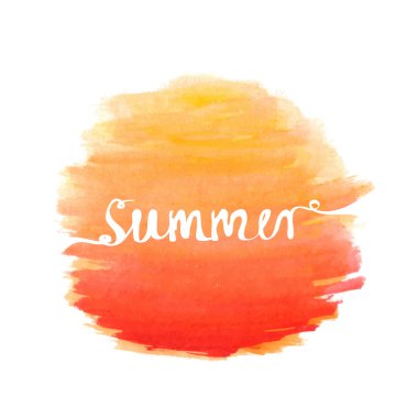 Hand-written word SUMMER over watercolor sun, lettering