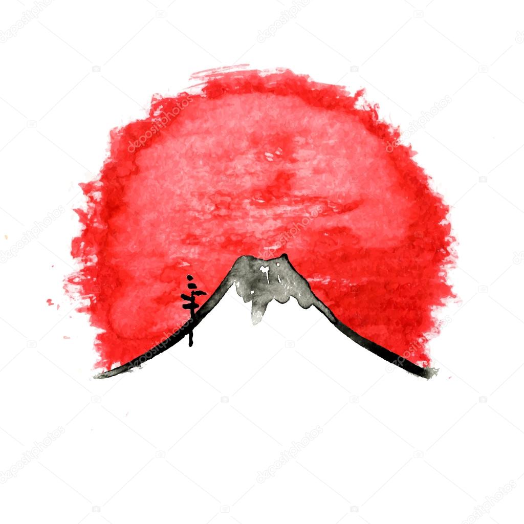 Mountain Fuji, japanese art watercolor vector illustration