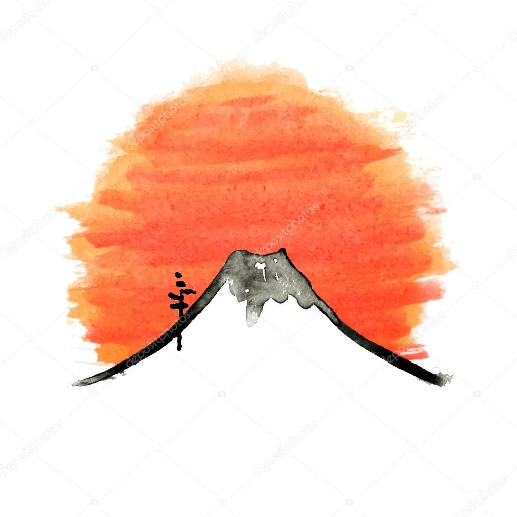 Mountain Fuji, japanese art watercolor vector illustration