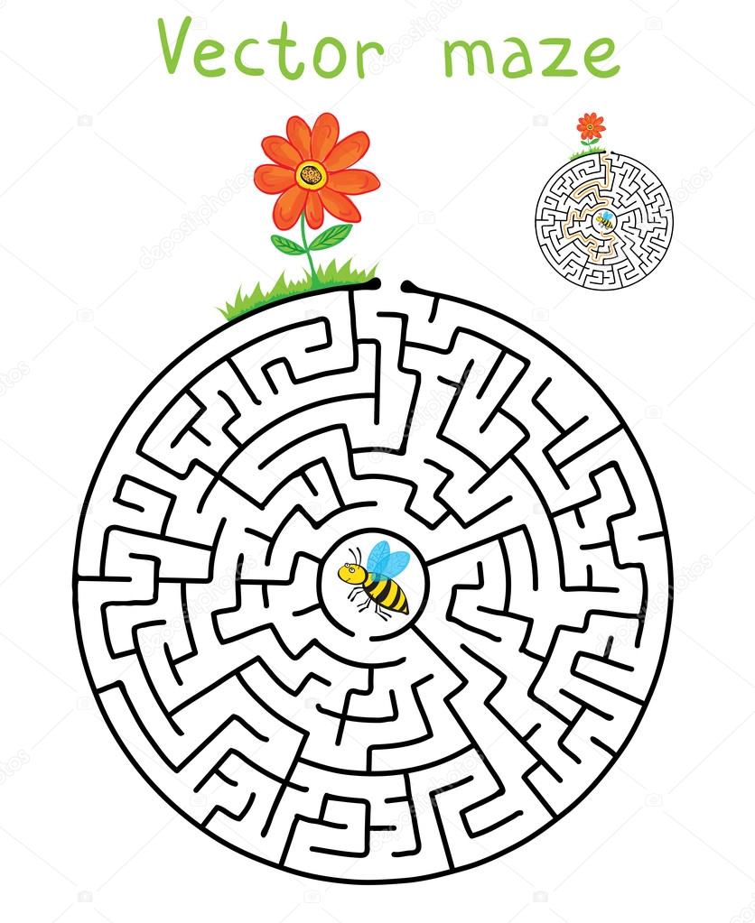 Vector Maze, Labyrinth with Flying Bee and flower