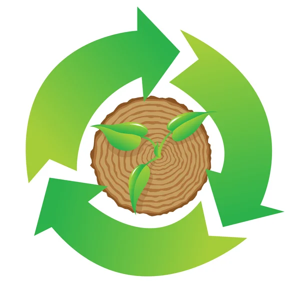 Souche d'arbre et pousse de plante verte avec symbole de recyclage, vecteur — Image vectorielle