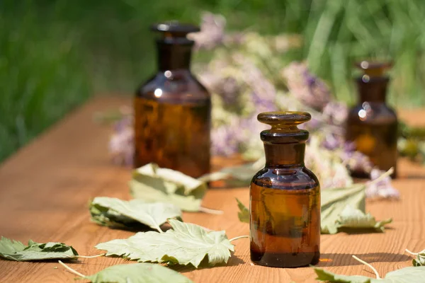 Aceite esencial en botella pequeña y hierbas medicinales de las flores — Foto de Stock