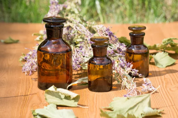 Eterisk olja i liten flaska och sjukvård blommor örter — Stockfoto