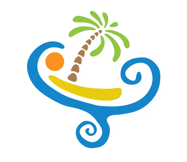 Tropische palm op eiland met zee. vector logo — Stockvector