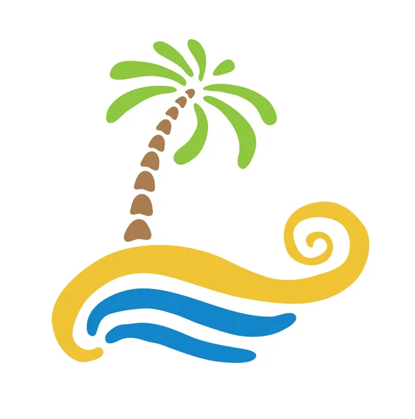 Tropical palm on island with sea. Vector logo — Stock Vector