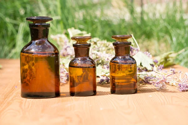 Aceite esencial en botella pequeña y hierbas medicinales de las flores — Foto de Stock