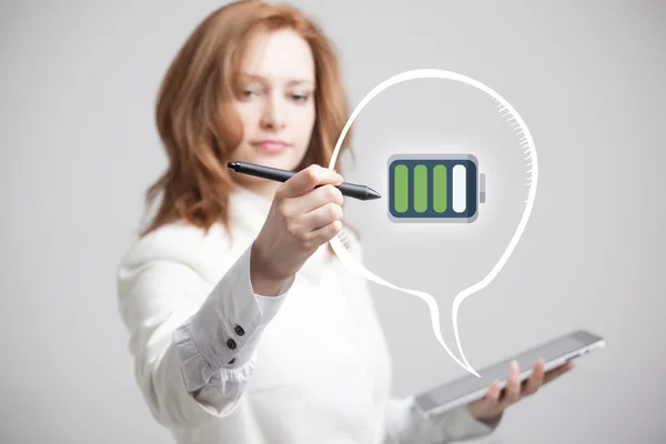 Woman holding tablet and pen, battery level icon — Stock Photo, Image