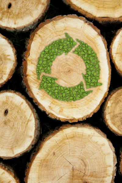 Stacked Logs Background with green plant recycle symbol — Stock Photo, Image