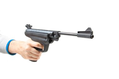 Adamın elinde silah, üzerinde beyaz izole el.