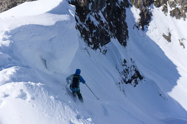 Skidåkare i djup lössnö, extrema freeride — Stockfoto