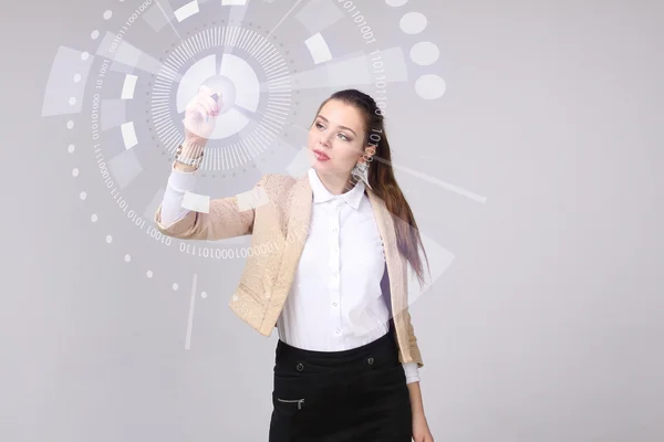 Future technology. Woman working with futuristic interface — Stock Photo, Image