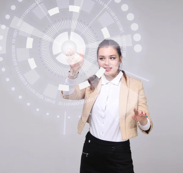 Future technology. Woman working with futuristic interface — Stock Photo, Image
