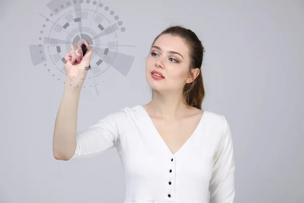 Future technology. Woman working with futuristic interface — Stock Photo, Image