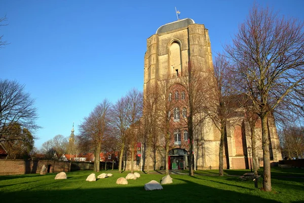 Fasada Zewnętrzna Kościoła Grote Kerk Wieżą Zegarową Stadhuis Ratusz Tle — Zdjęcie stockowe