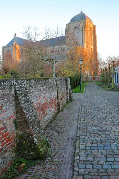 Fasada Zewnętrzna Kościoła Grote Kerk Widok Tradycyjnej Brukowanej Ulicy Veere — Zdjęcie stockowe