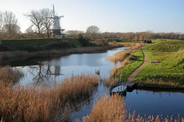 Spiegelungen Einer Traditionellen Windmühle Der Farbenfrohen Landschaft Rund Veere Zeeland — Stockfoto