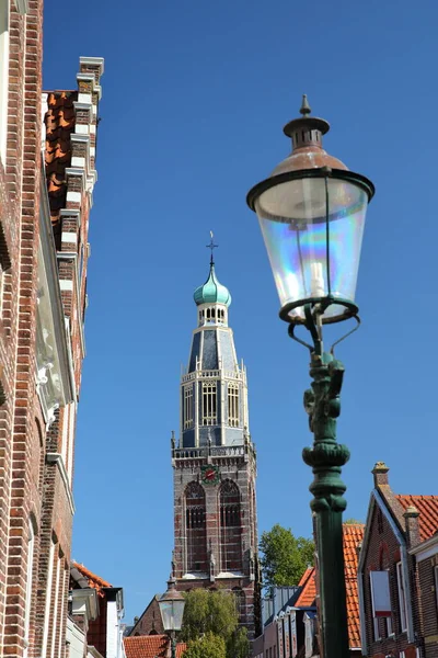 Klokkentoren Van Zuiderkerk Pancraskerk Met Voorgrond Scheve Historische Huizen Enkhuizen — Stockfoto