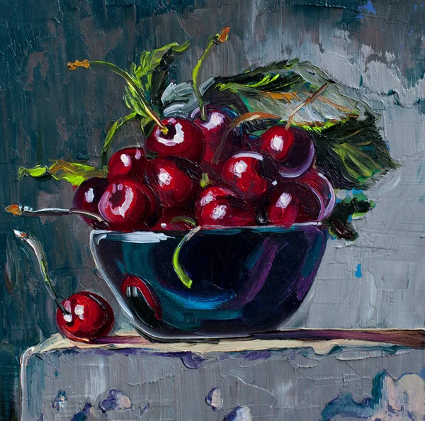 Bowl Fresh Red Cherries Painting Illustration Art — Stock Photo, Image