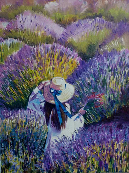 薰衣草场年轻女子手工制作的油画原作 — 图库照片