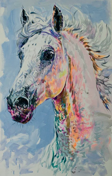 Retrato Cavalo Sobre Fundo Azul Arte Original Moderna Obras Arte — Fotografia de Stock
