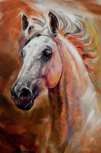 Horse Head Portrait Animal Original Painting Oil Canvas Art Hand — Stock Photo, Image