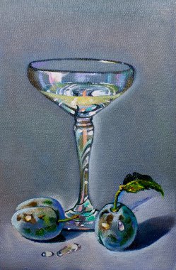 Bir bardak martini ve erikle tuvale yağlı boya. Orijinal el yapımı. 