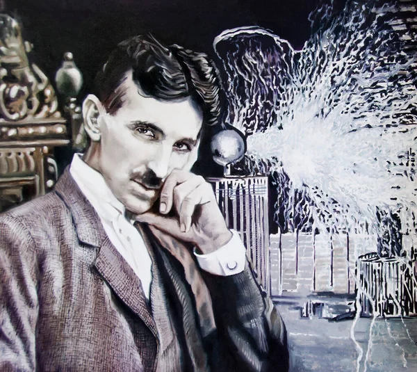 Nikola Tesla Ritratto Inventore Scienziato Arte Originale Pittura Olio Tela — Foto Stock