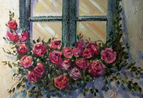 Fönster Med Blommande Blommor Måla Olja Duk Original Konst — Stockfoto
