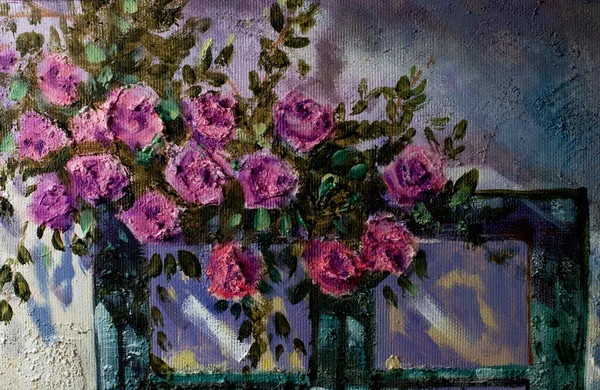 Janela Com Flores Florescendo Pintura Óleo Sobre Tela Arte Original — Fotografia de Stock