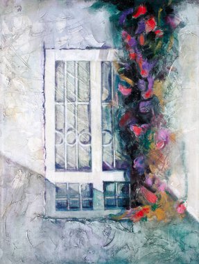 Pencere beyazı çerçeve, çiçek süslemesi, el yapımı tuvalde yağlı boya.