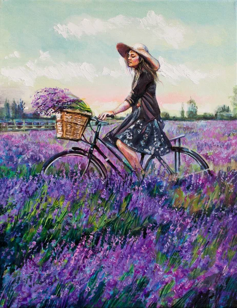 Junge Frau Mit Fahrrad Lavendelfeld — Stockfoto