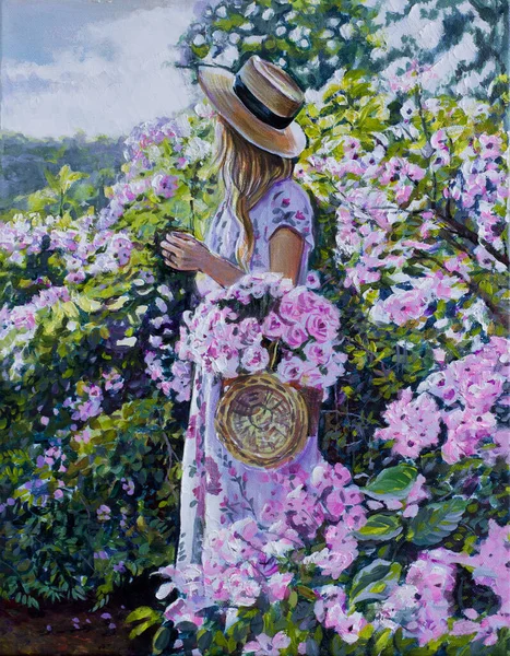 Kvinna Vacker Blommande Trädgård Målning Original Olja Duk — Stockfoto